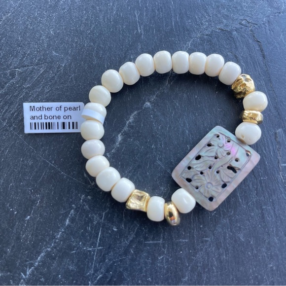 Elegant one of a kind Mother of Pearl and Bone Bracelet 6”